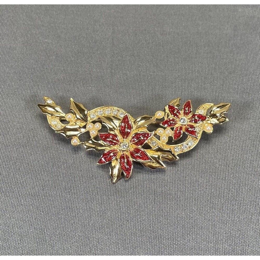 Avon Brooch Pin Christmas Flower Poinsettia Gold Tone Red Rhinestone Faux Pearl